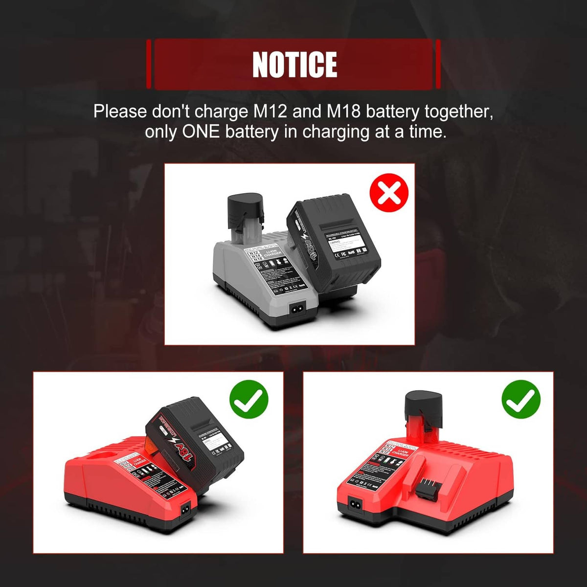 Red charger with inserted battery pack and caution graphic for M12/M18 charging