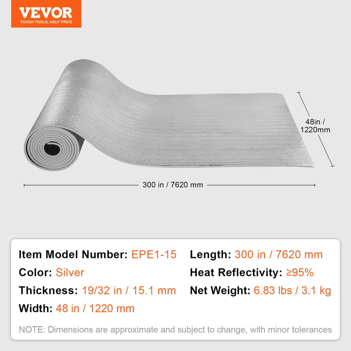 Reflective insulation foam core roll, silver with central hollow core