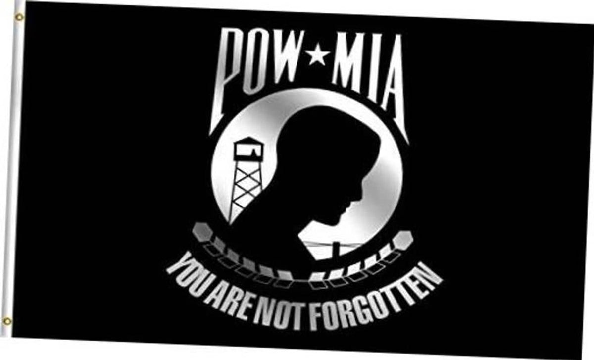 Black POW-MIA memorial flag with white emblem and text “YOU ARE NOT FORGOTTEN”