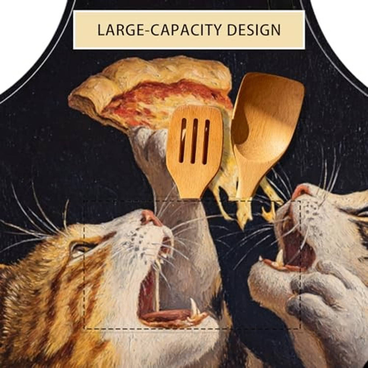 Close-up of black apron featuring cat-and-dog print with wooden utensils