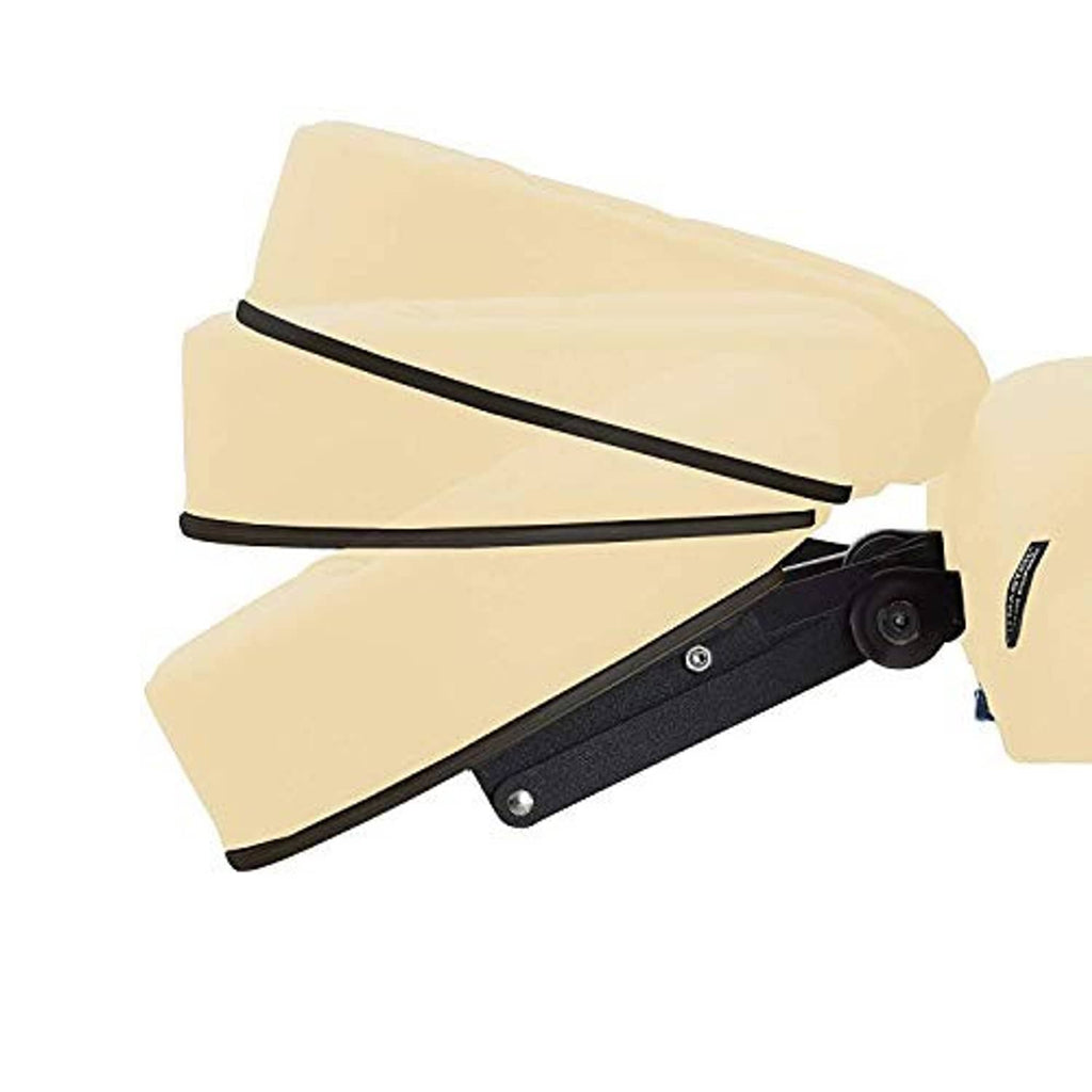 Cream massage table headrest cushion with black strap and hinge mechanism