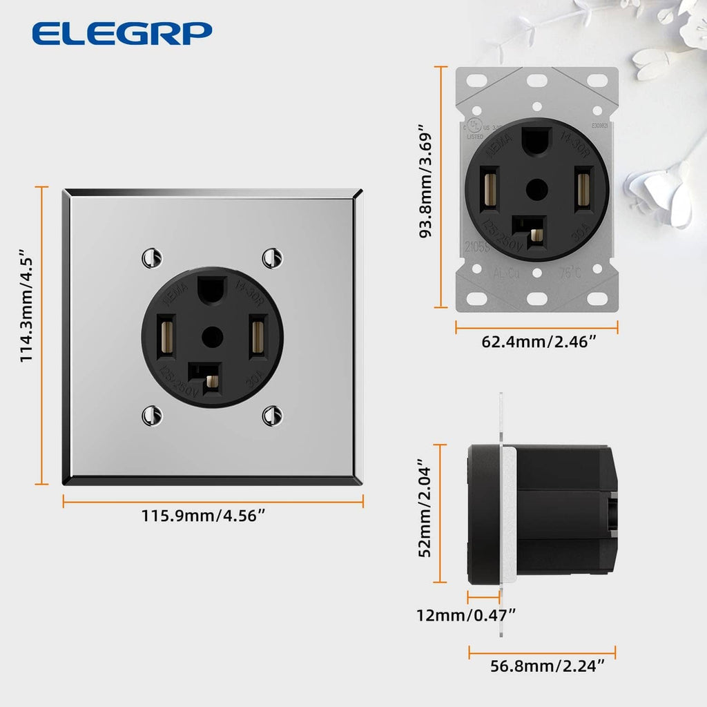ELEGRP NEMA 14-30R outlet wall plate with black receptacle and mounting holes