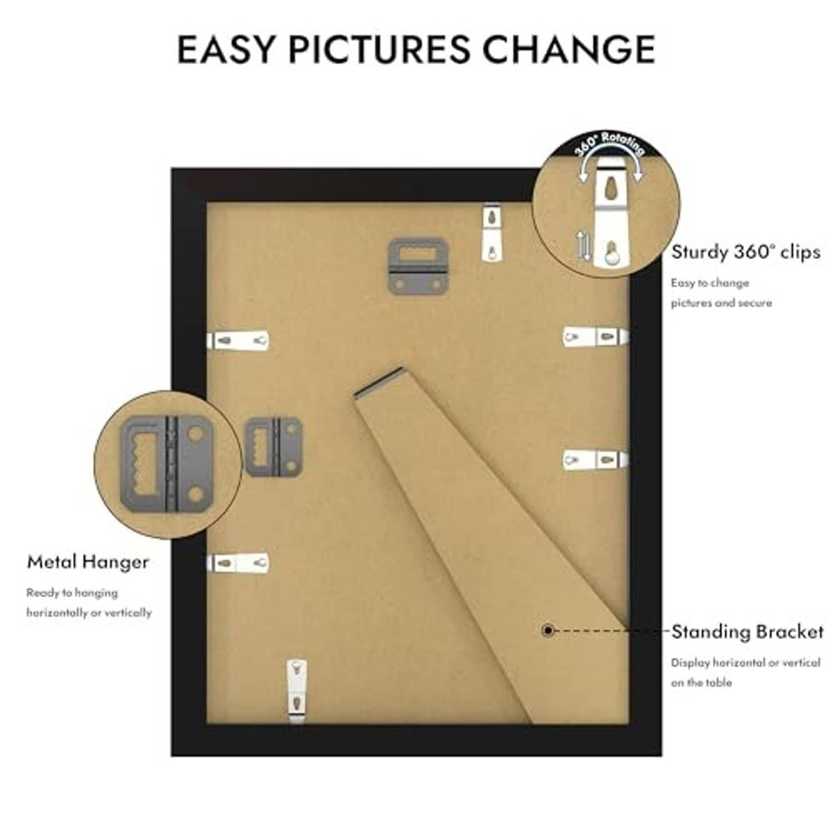 Black 8x10 frame backing showing metal hanger, standing bracket, and 360° clips.