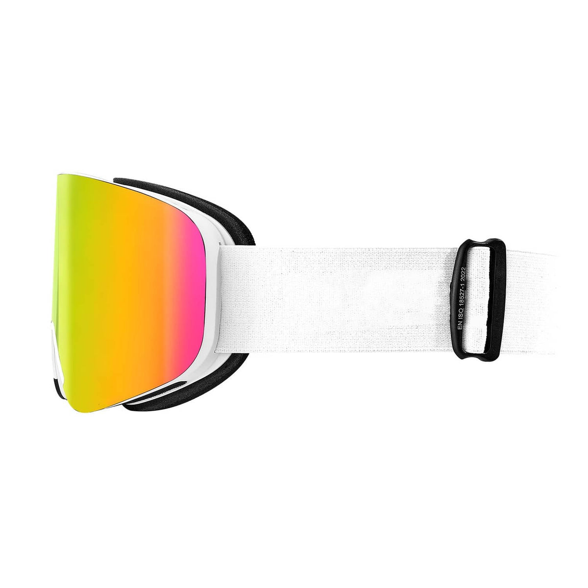 Side view ski goggles with rainbow reflective cylindrical lens and white strap