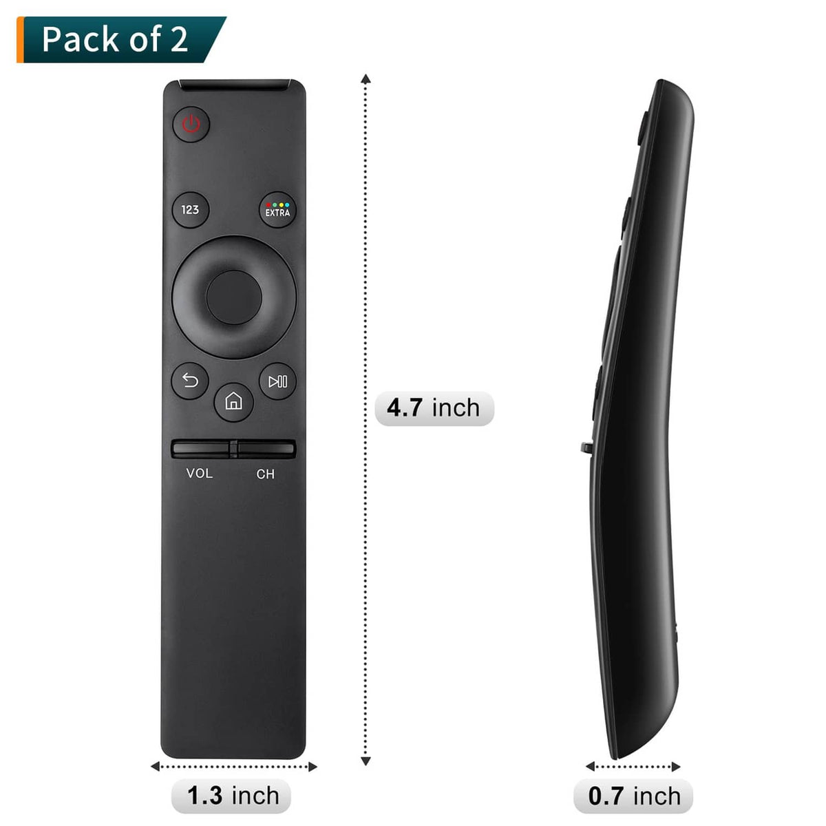 Black universal TV remote control with size dimensions 4.7 x 1.3 x 0.7 inch