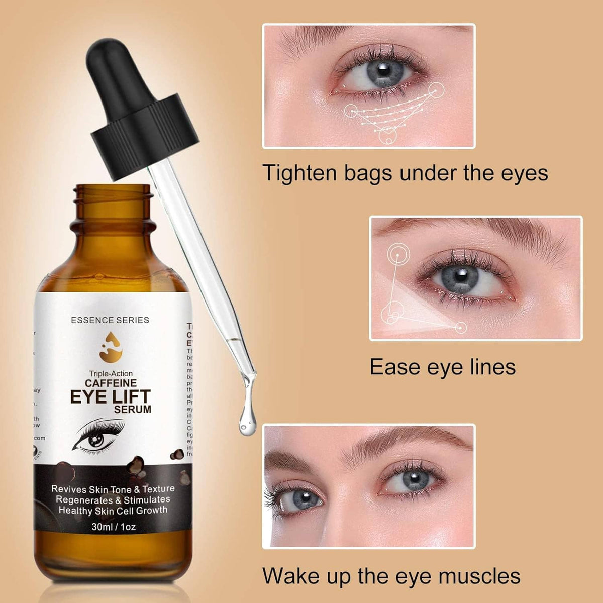Caffeine eye serum bottle with black dropper beside eye-area close-up