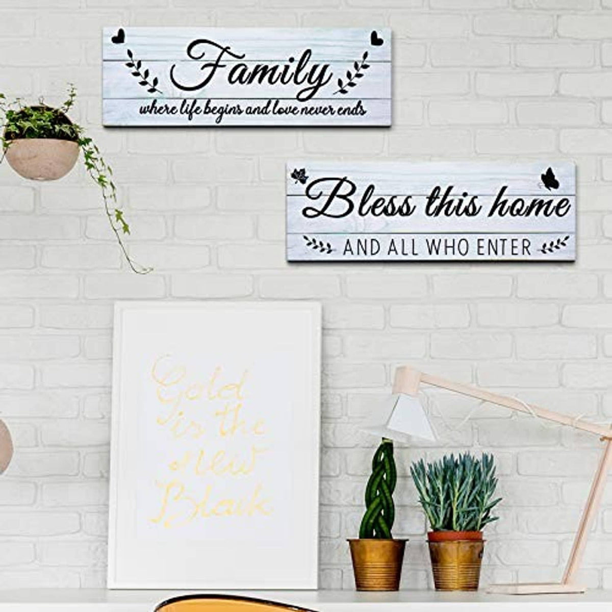 Set of two rustic wooden wall signs: “Family” and “Bless this home” with butterfly icons