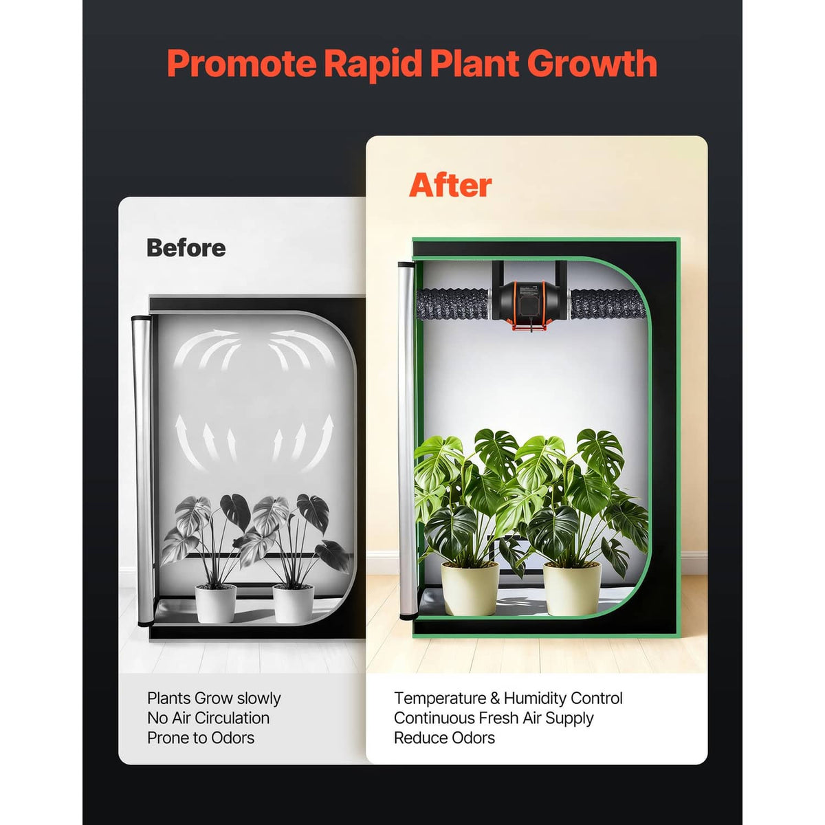 Inline ventilation fan promotional graphic with before/after plant growth comparison