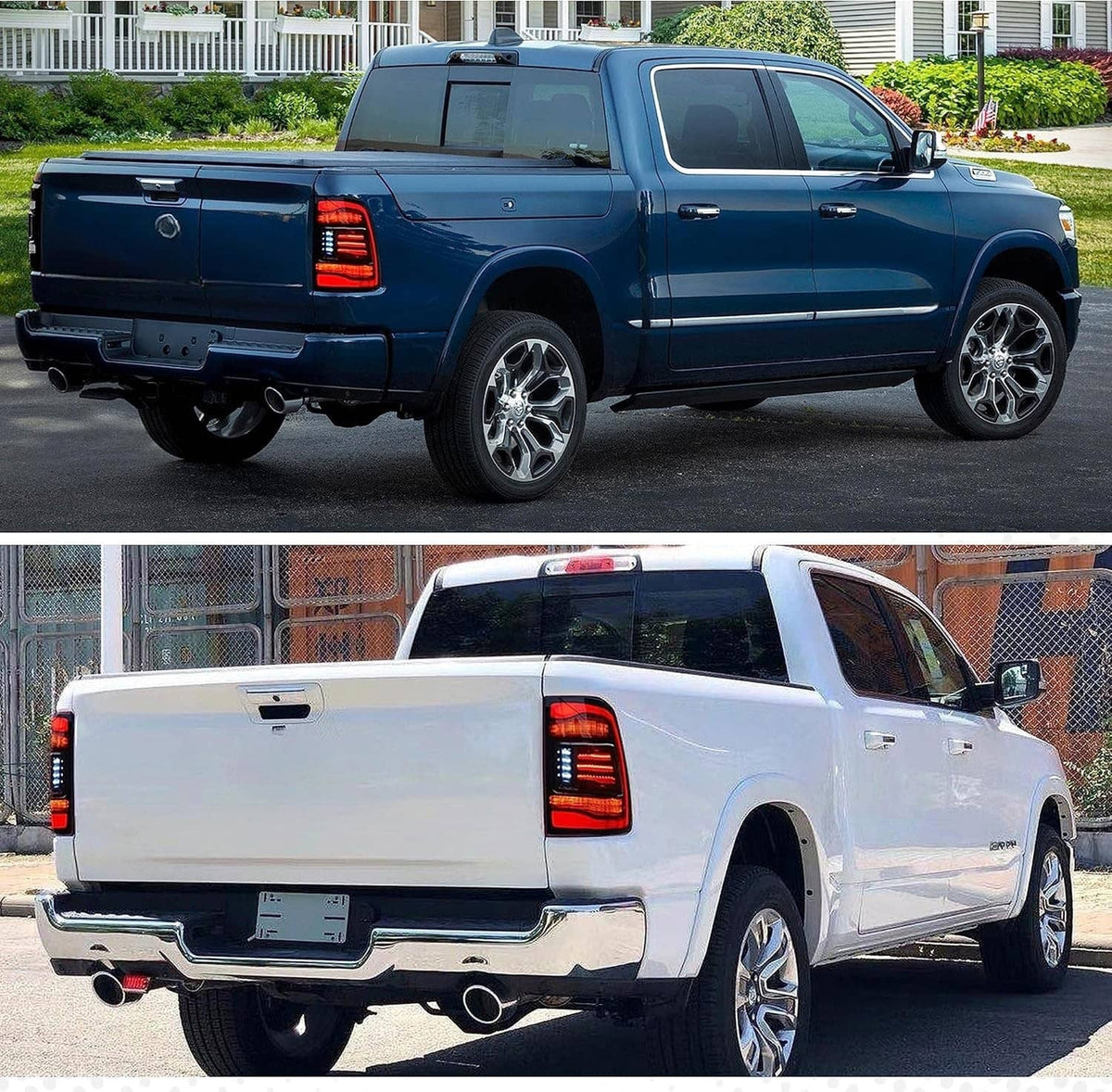 Pair of LED tail lights installed on a pickup truck, showing amber sequential turn