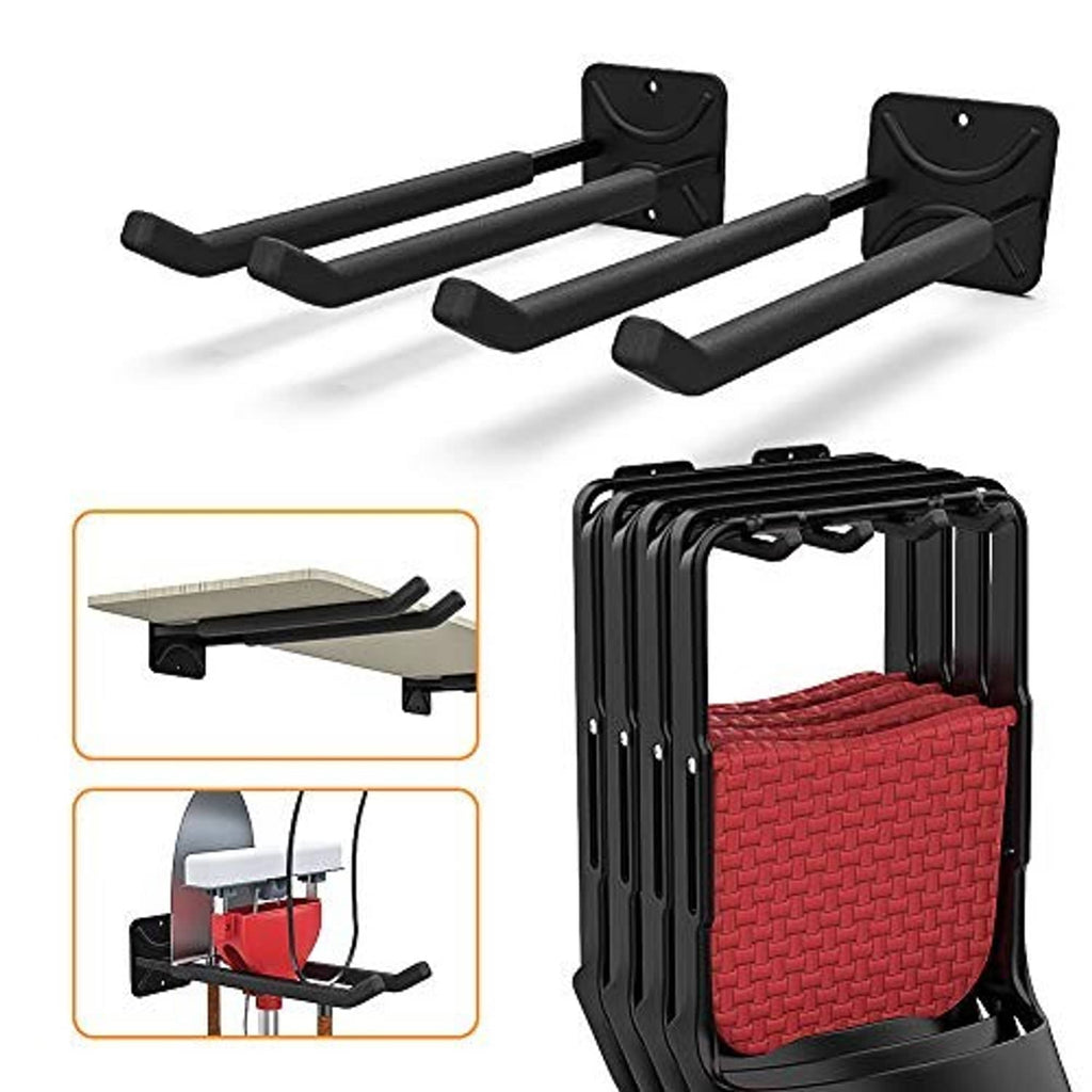 Two black heavy-duty wall hooks with dual curved arms and mounting brackets