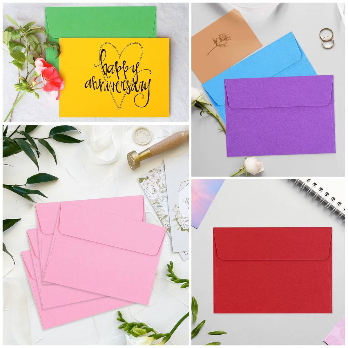 Assorted pastel and bright A2 envelopes with flap, multiple colors shown