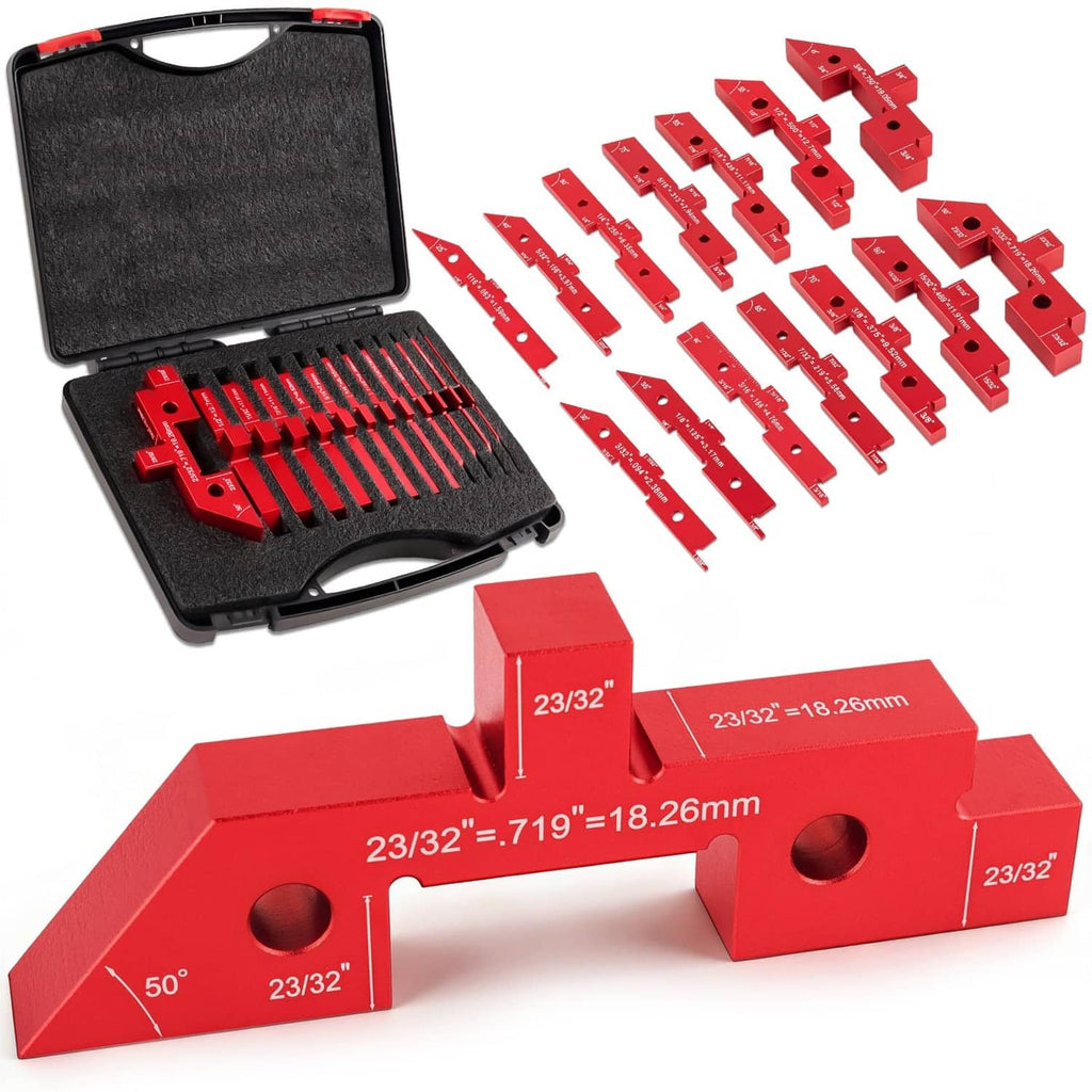 Woodworking setup block kit with red aluminum router guide blocks in black case