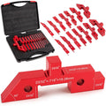Woodworking setup block kit with red aluminum router guide blocks in black case