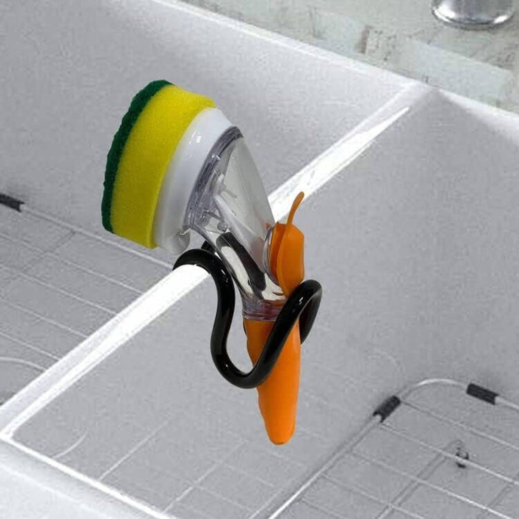 Adjustable dish wand holder with black rack and orange clips, holding green/yellow scrubber