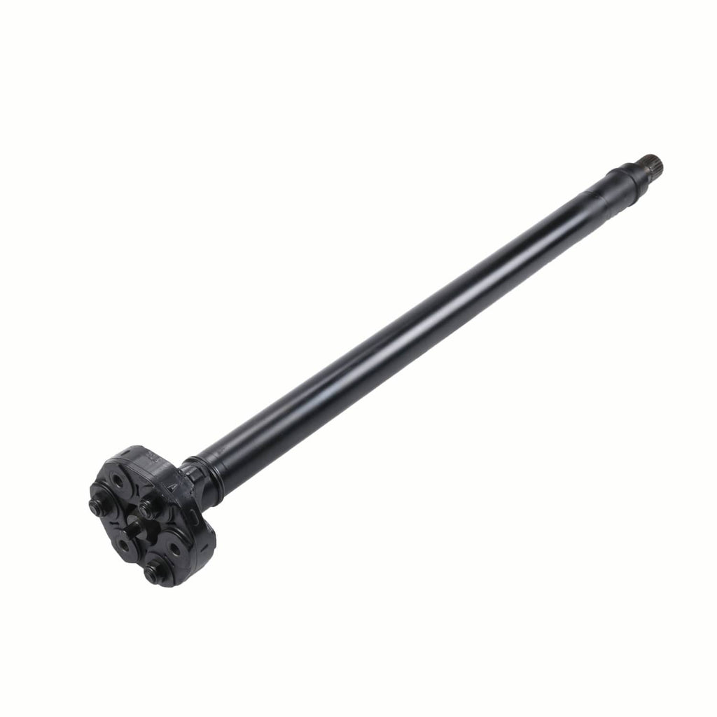 Front drive shaft with splined yoke and U-joint end, black metal