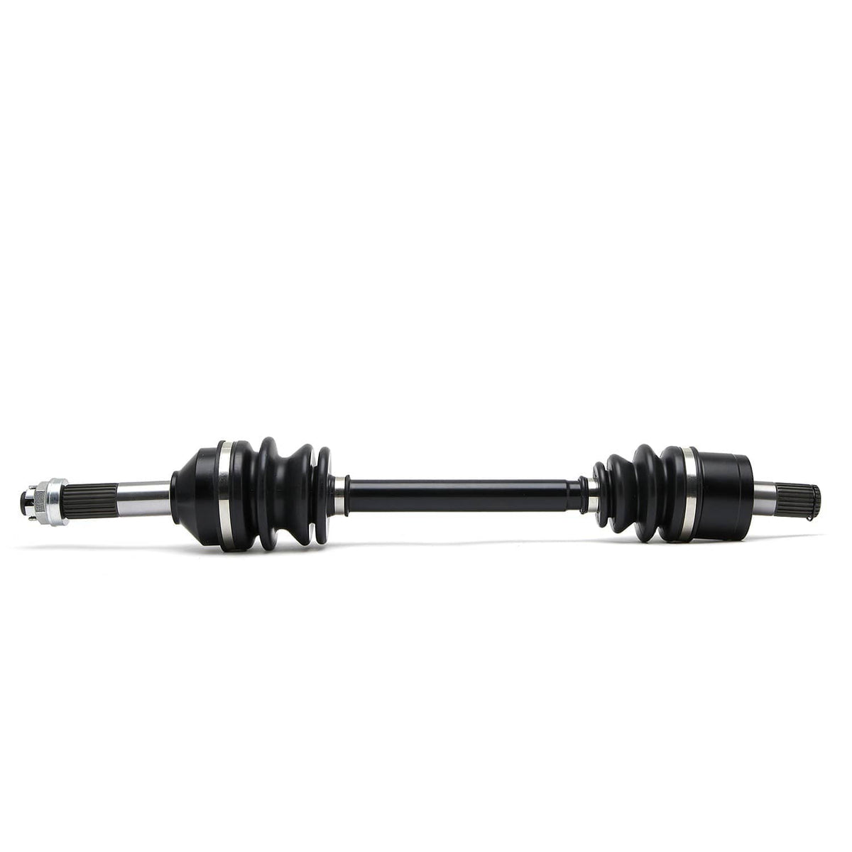 CV joint axle shaft with black rubber boots and splined metal ends, straight side view