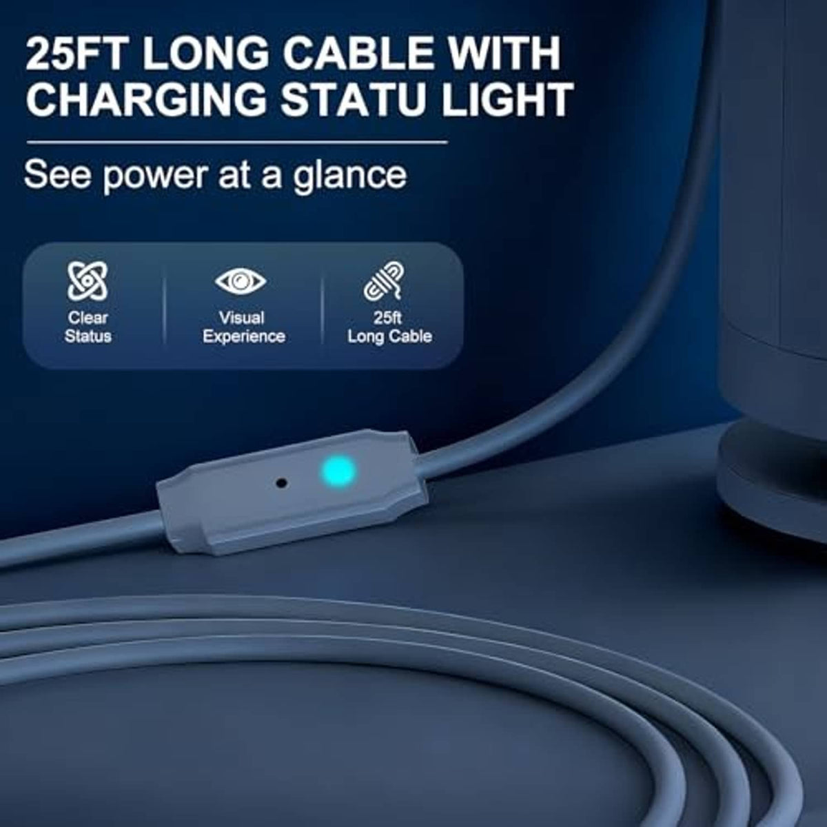 White charging cable with inline status light and long 25ft cable length