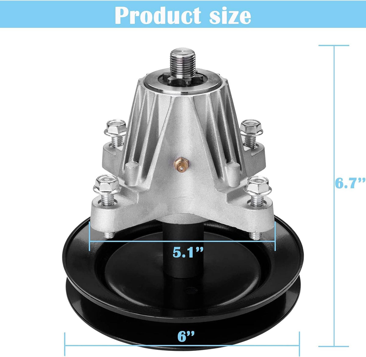 Lawn mower deck spindle assembly with black pulley and silver metal housing