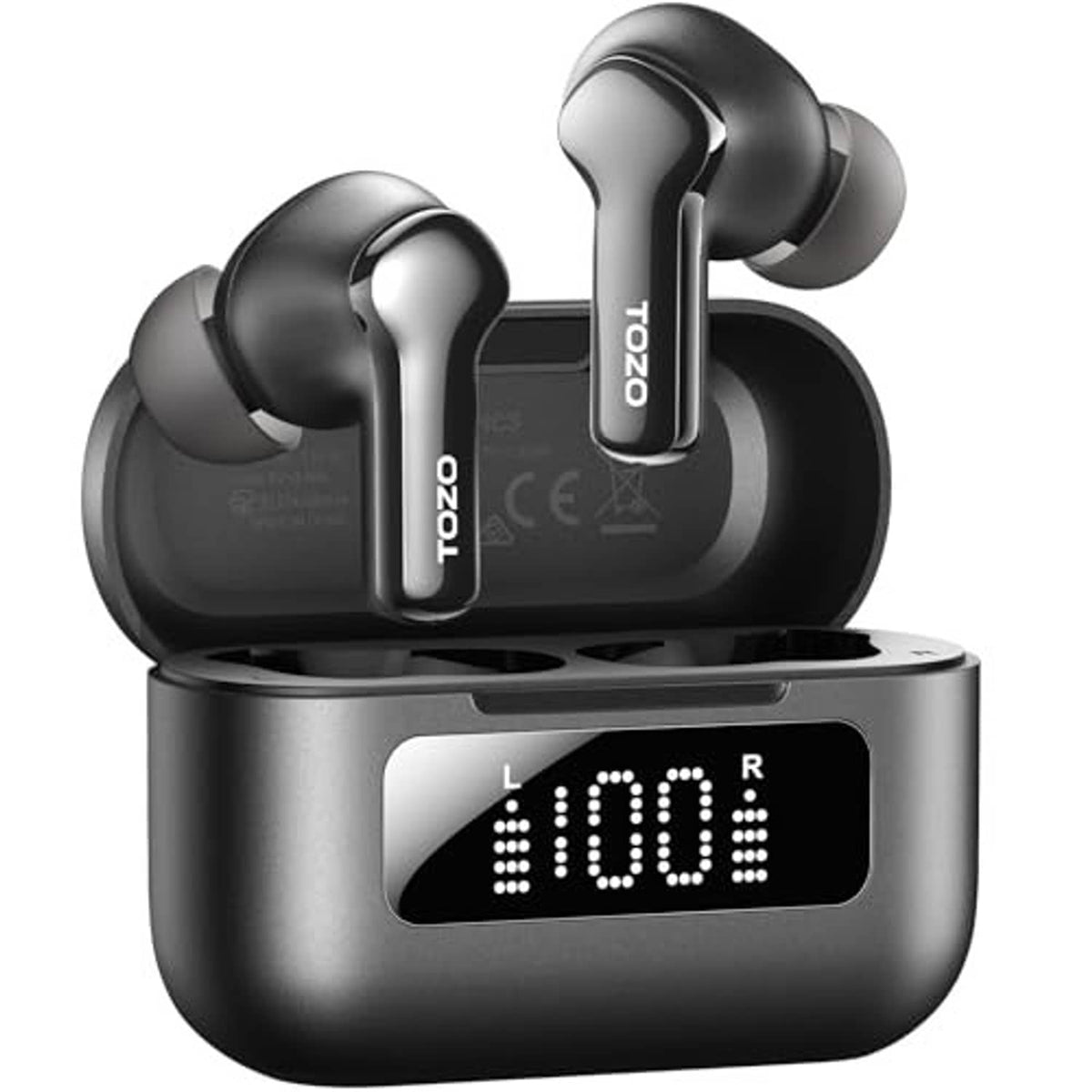 Black wireless earbuds standing in open charging case with front LED display