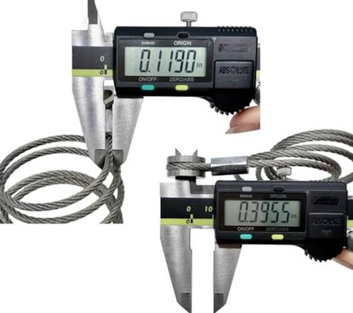 Braided steel hood release cable with two loop eyelets measured by digital caliper