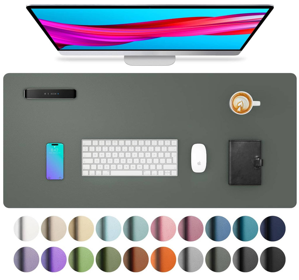 Jungle green leather desk pad protector top view with keyboard and phone accessories