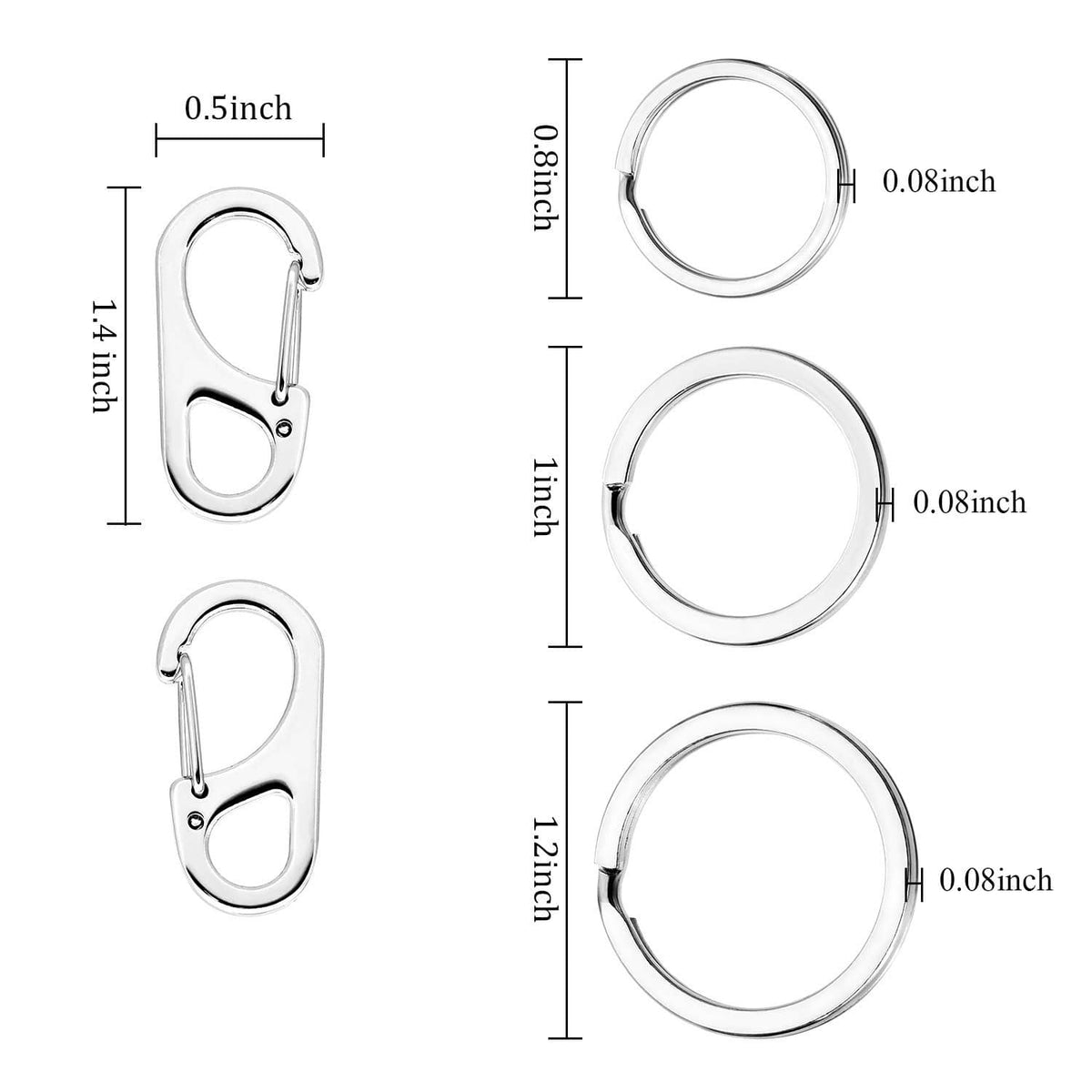 Stainless steel dog tag clip with round ring, size and thickness shown