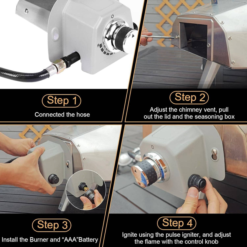 Gas burner attachment installation steps with hose connection and ignition control