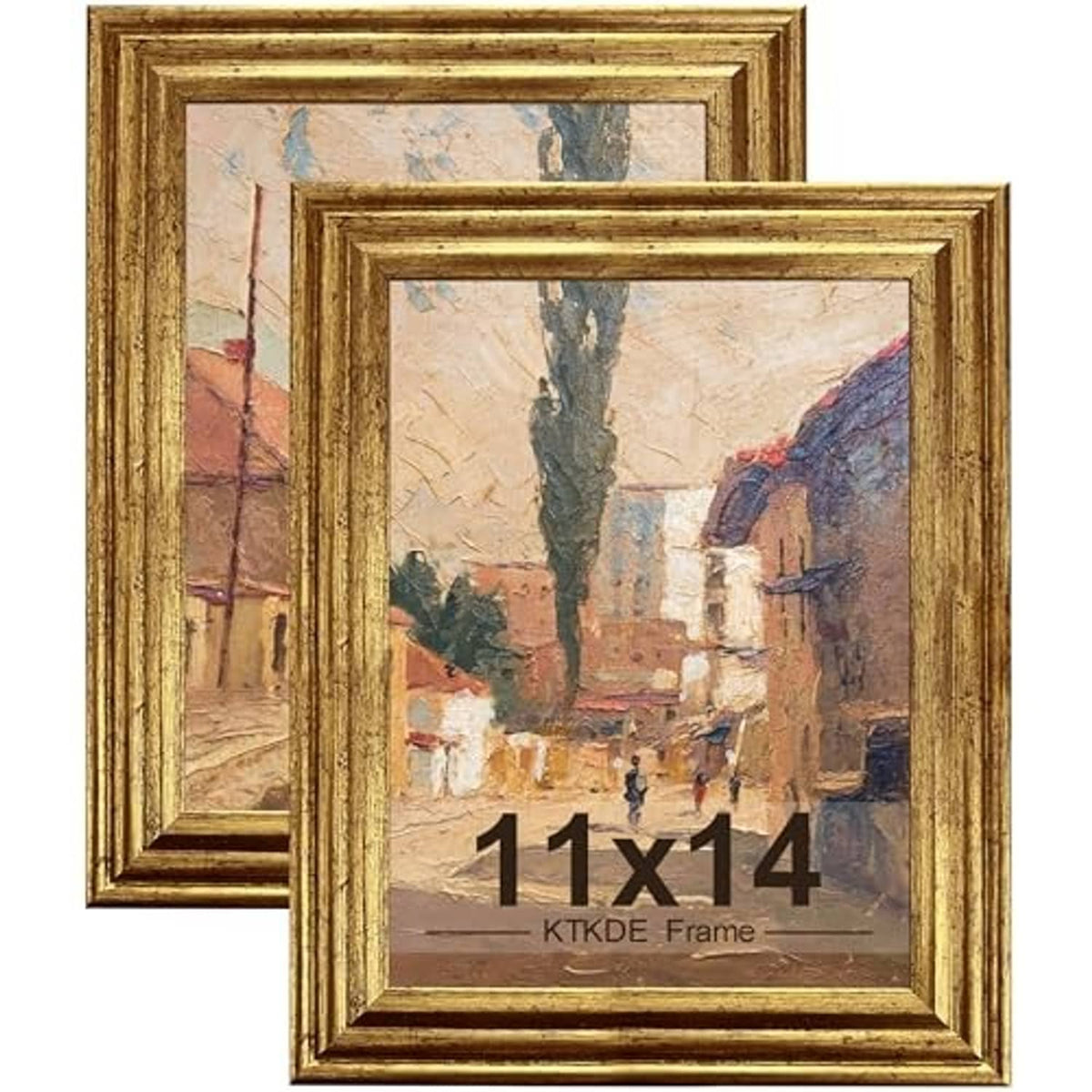 Set of 2 ornate gold photo frames, 11x14, angled front view with artwork inserts.
