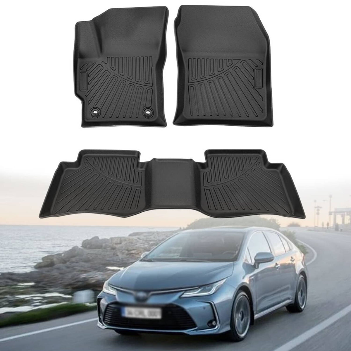 Black front floor mat liners with molded grip texture and raised ridges for floor coverage