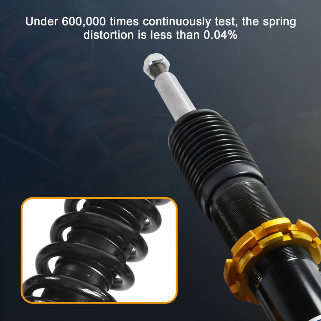 Black coilover strut with gold collar and coil spring, with spring close-up inset