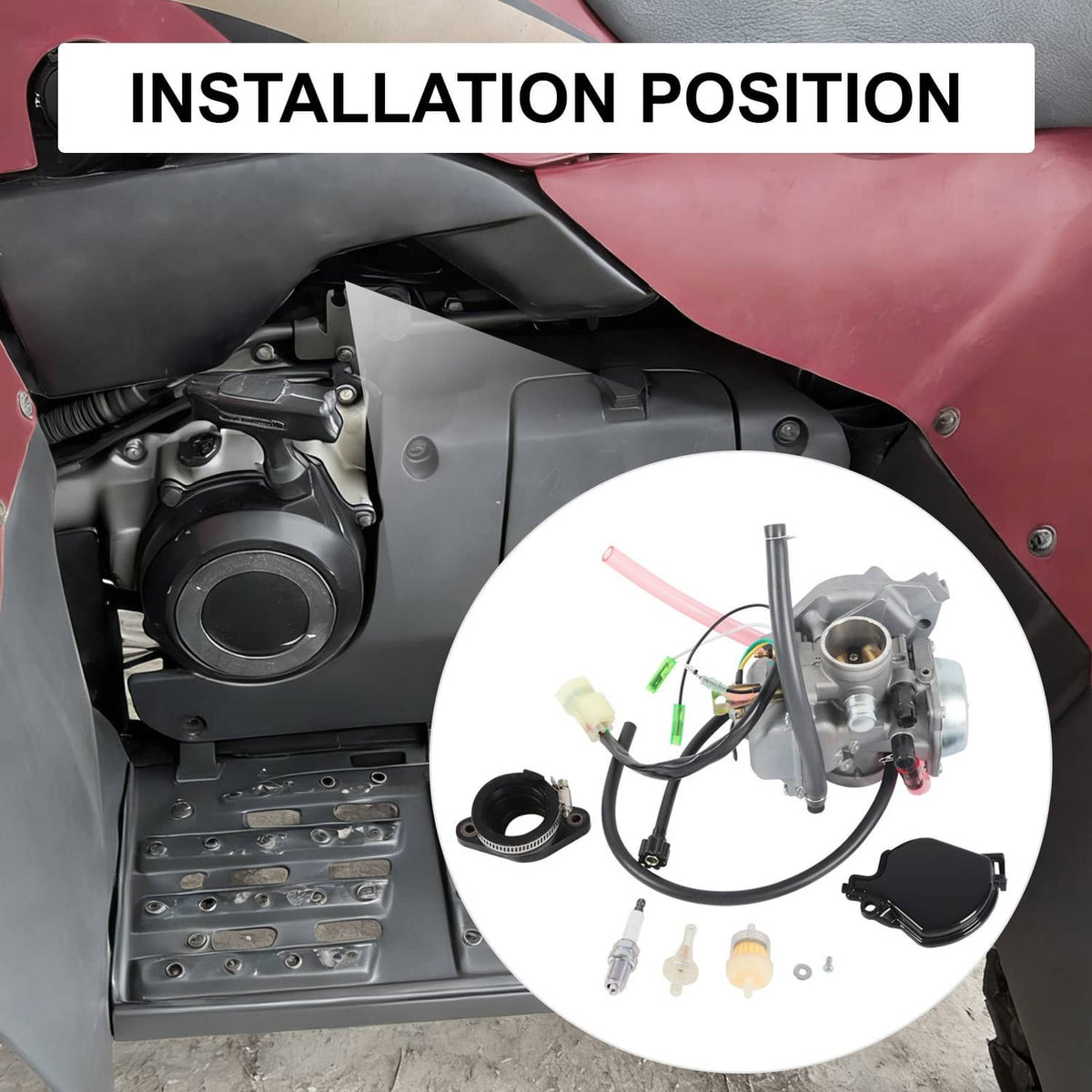 Carburetor kit for ATV installation with carburetor, hoses, and included parts