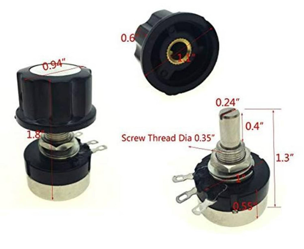 Rotary potentiometer with black knob and metal threaded shaft, screw-threaded mounting base