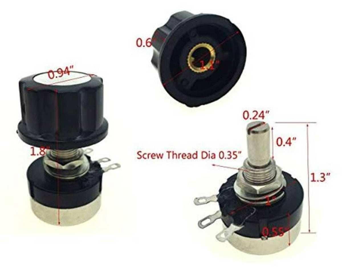 Rotary potentiometer with black knob and metal threaded shaft, screw-threaded mounting base