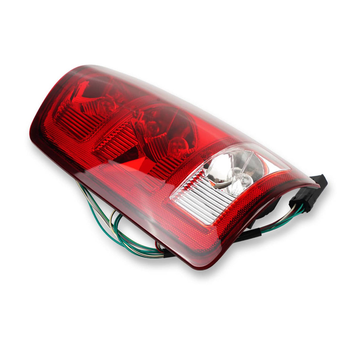 Single red tail light with clear lens, wiring harness, and black mounting base