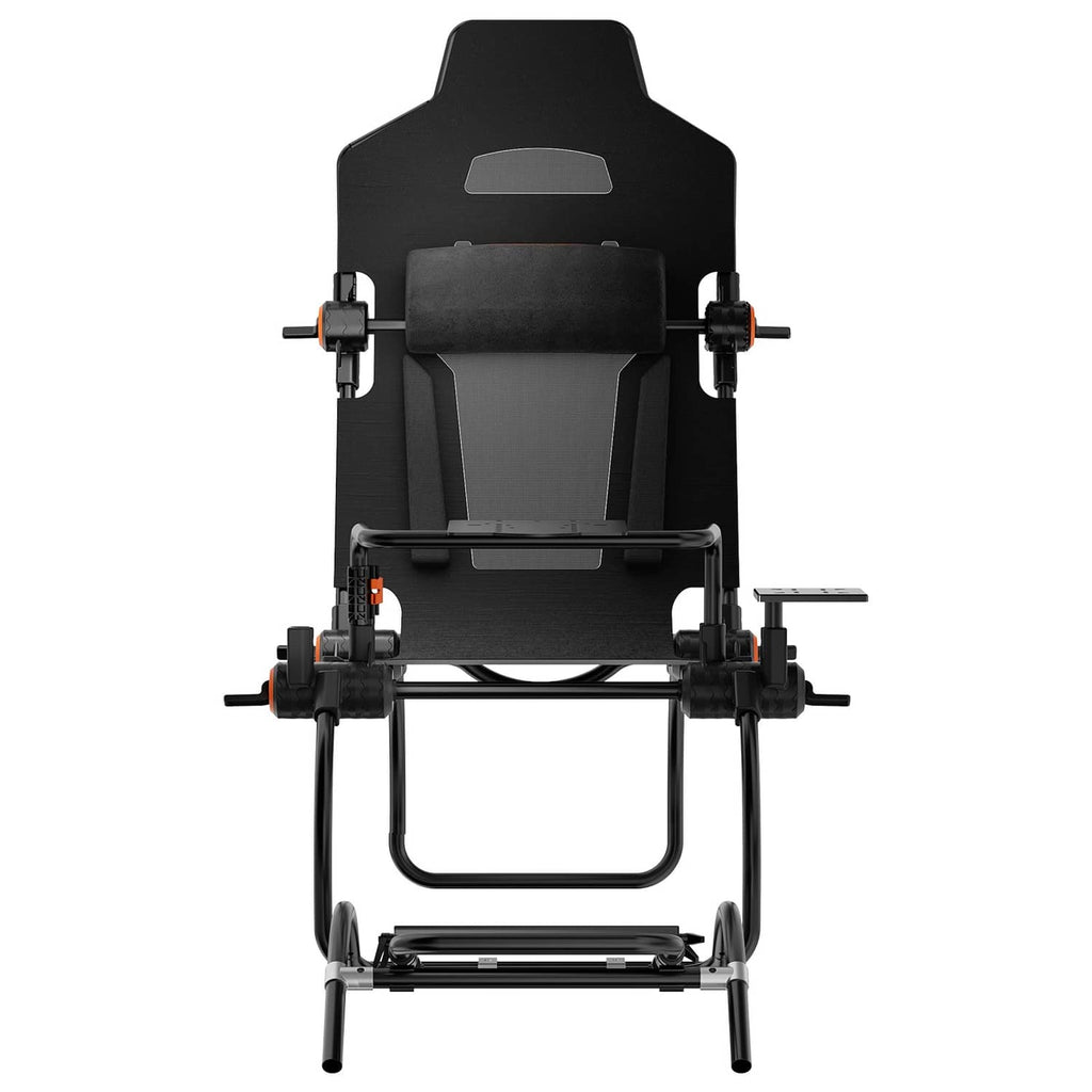 Foldable racing simulator wheel stand with black frame and mounted wheel bracket