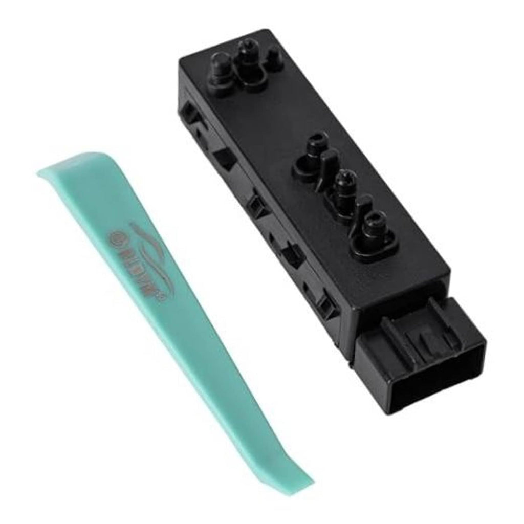 Power seat switch module with black controls and mint-blue trim tab