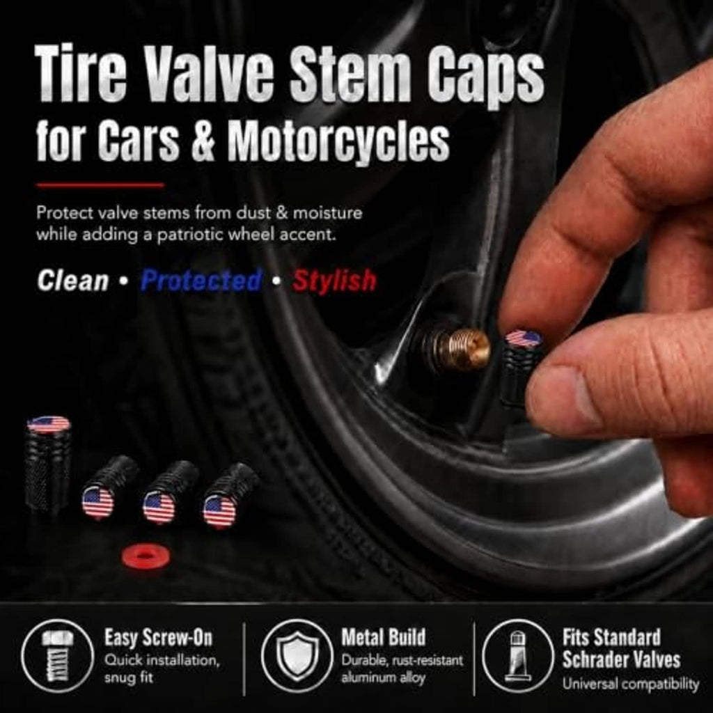 Set of black tire valve stem caps with American flag tops; hand installing by a wheel