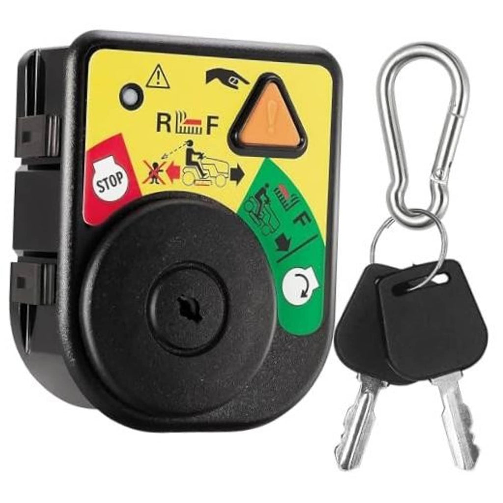 Black ignition switch module with key ring and two metal keys, yellow warning control face