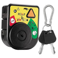 Black ignition switch module with key ring and two metal keys, yellow warning control face