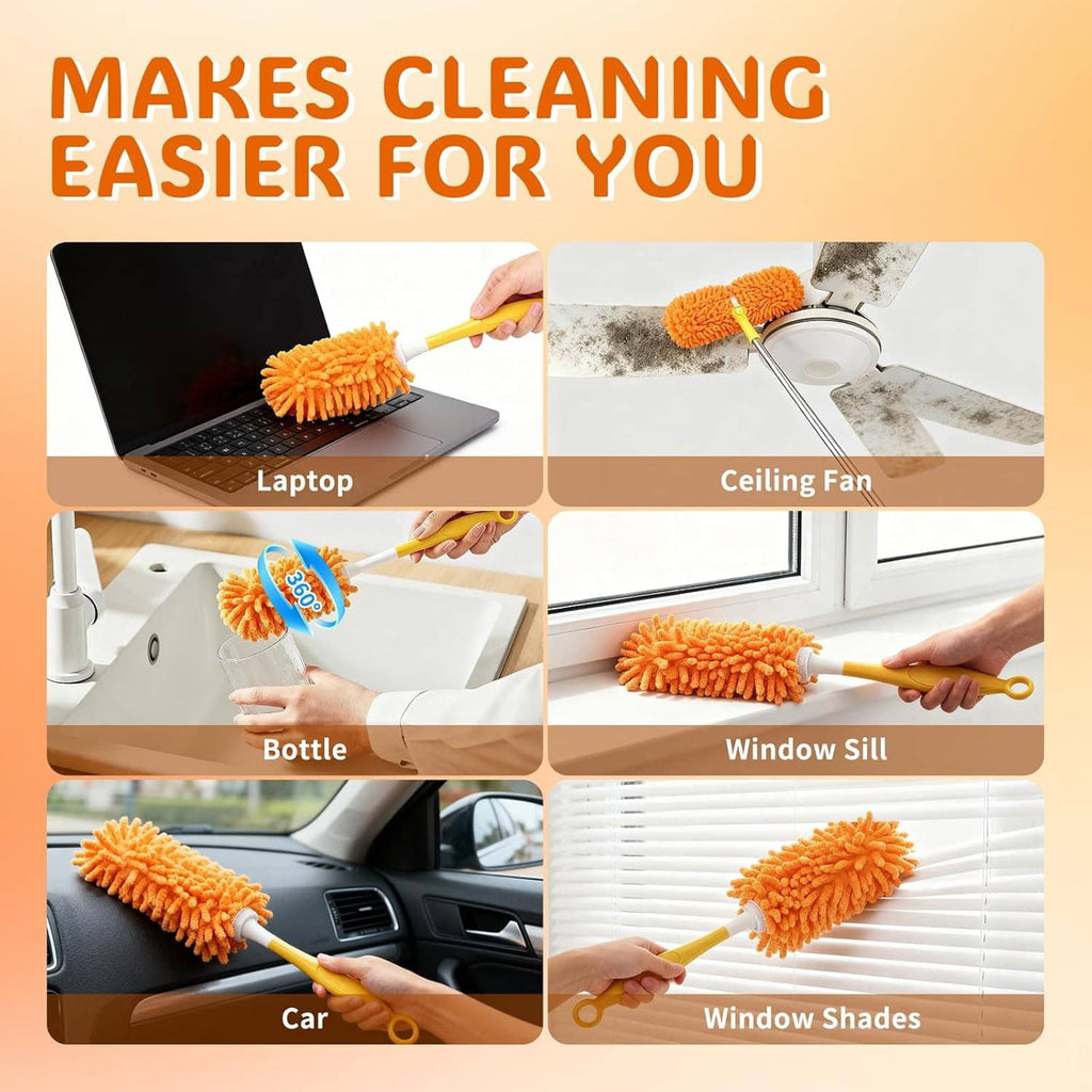 Orange microfiber duster refill head and yellow handle for cleaning multiple surfaces.