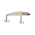 Silver and yellow minnow glide fishing lure with two treble hooks