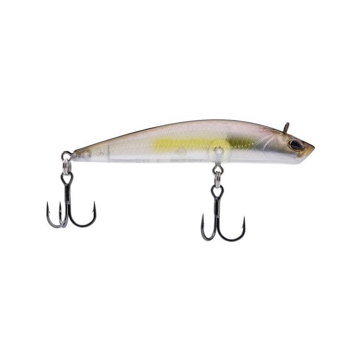 Silver and yellow minnow glide fishing lure with two treble hooks