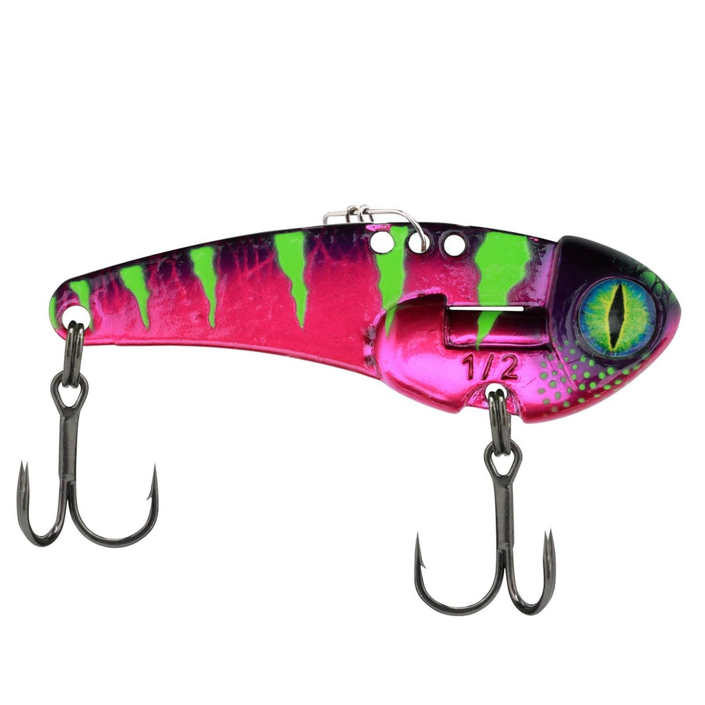 Blade bait fishing lure with pink and green anaconda pattern, two treble hooks
