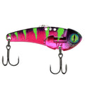 Blade bait fishing lure with pink and green anaconda pattern, two treble hooks