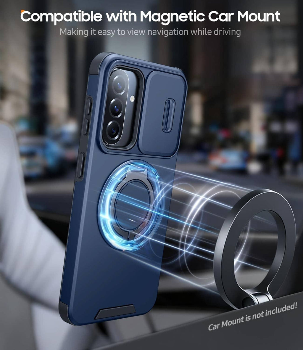 Blue phone case with ring holder for magnetic car mount, viewed from rear