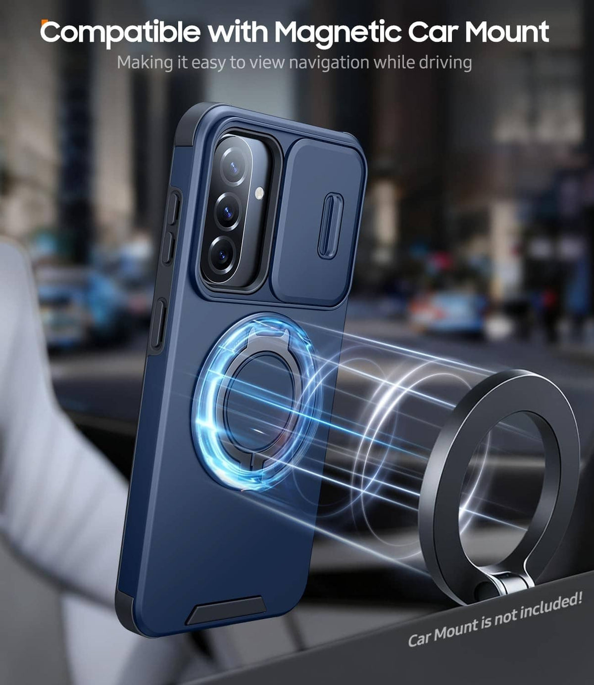 Blue phone case with ring holder for magnetic car mount, viewed from rear