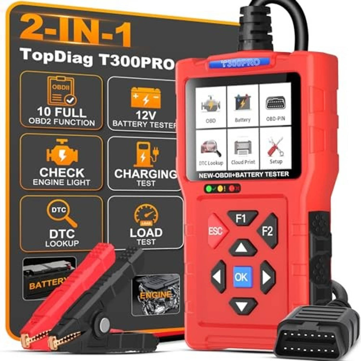 Red car code reader with screen and keypad, TopDiag T300Pro 2-in-1 OBD2 scanner