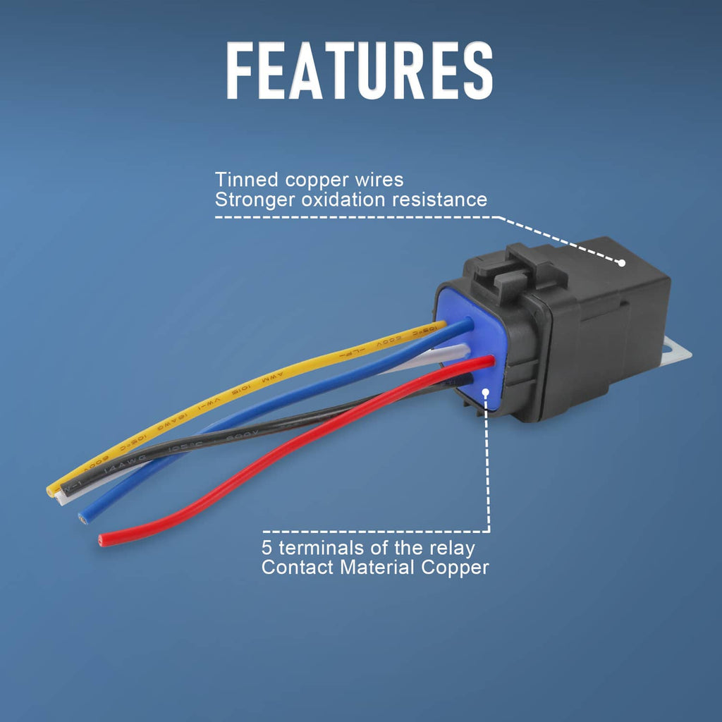 Relay socket harness with black 5-terminal connector and multi-color tinned copper wires