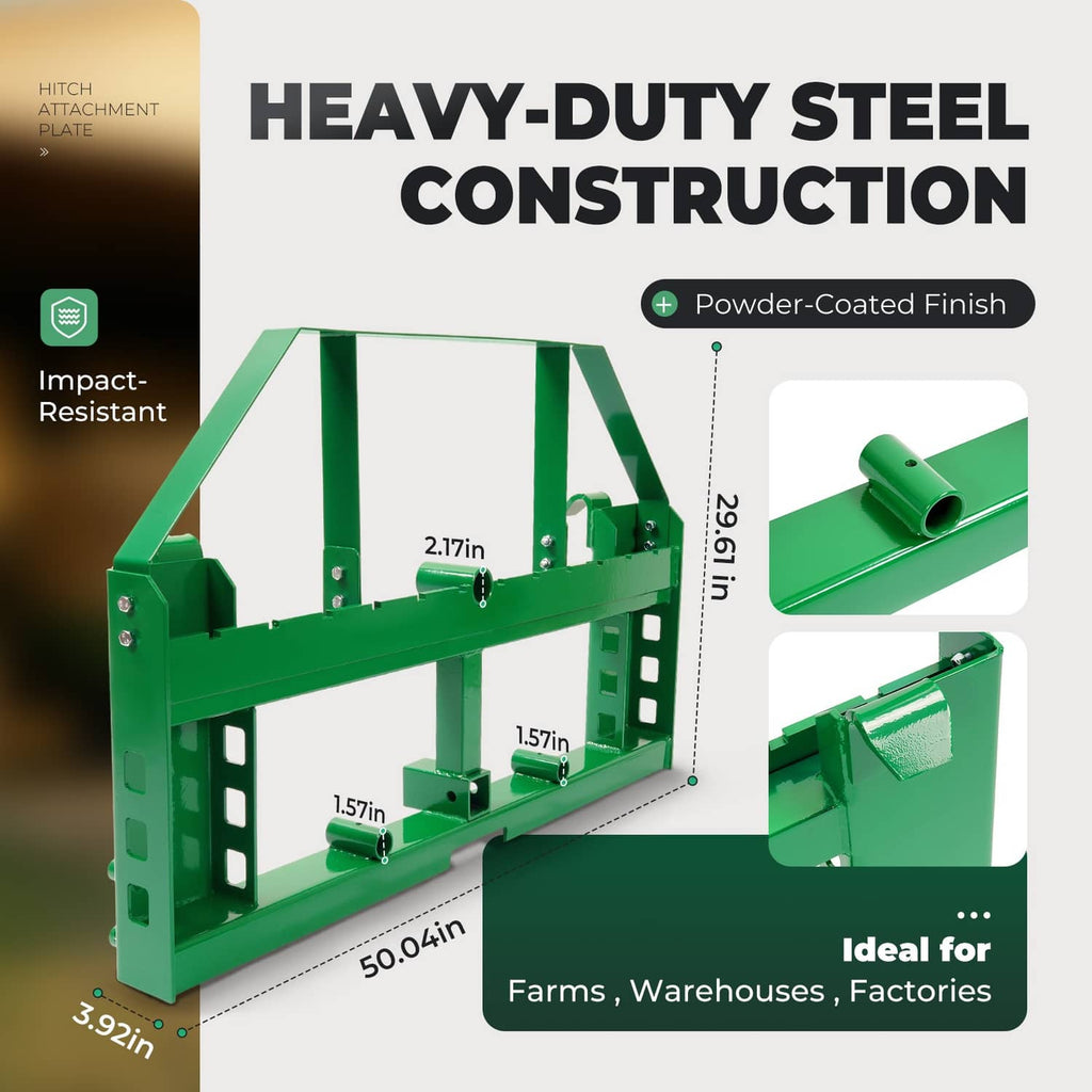 Green heavy-duty steel pallet fork frame with powder-coated finish and fork slots