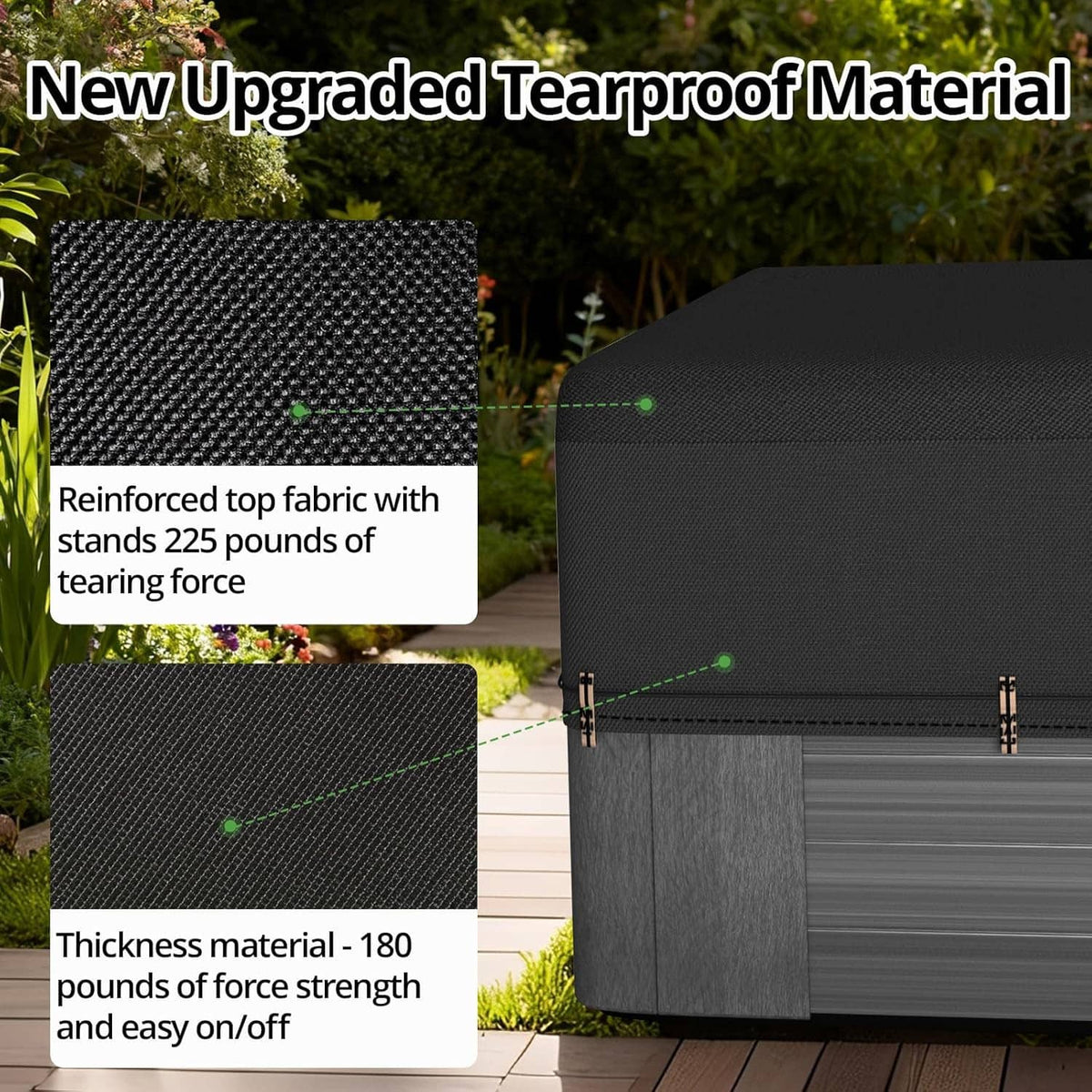 Heavy-duty hot tub cover protector with textured fabric top and reinforced gray side panels